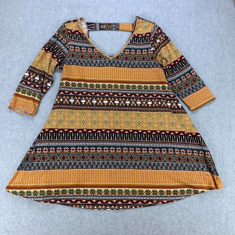 LA Gypsy A-Line Dress Women XL Mustard Multi Geometric Tribal Print Open Back